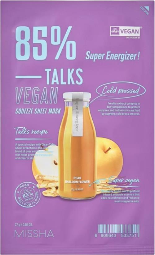 Missha Vegánska pleťová maska Talks Vegan Squeeze Super Energizer (Sheet Mask) 27 g